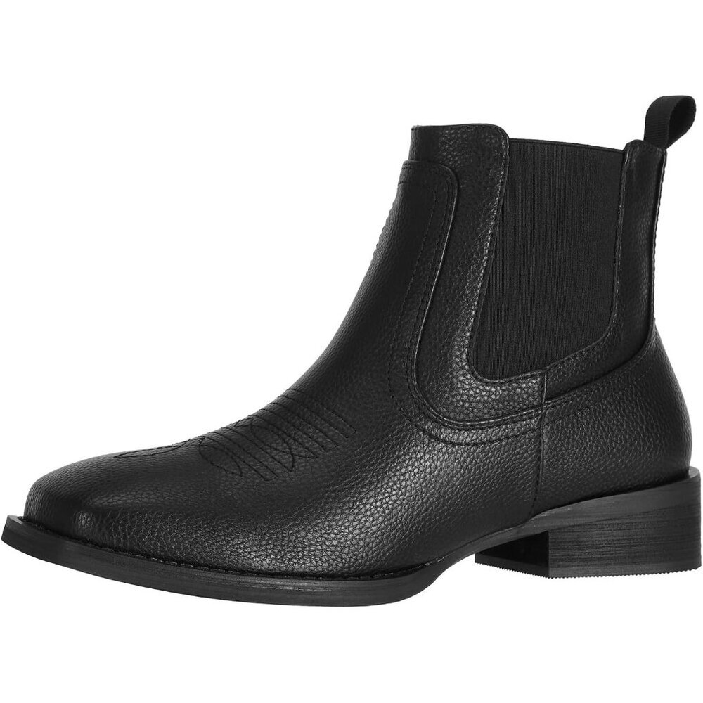 ⚡Men's Black Faux Leather Western Square Toe Comfort Ankle Chelsea Boots